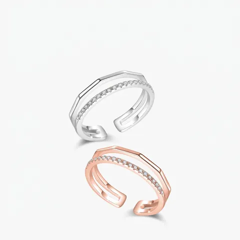 925 Sterling Silver Double Layer Geometric Ring Adjustable Minimalist Cubic Zirconia Fashion Jewelry Women