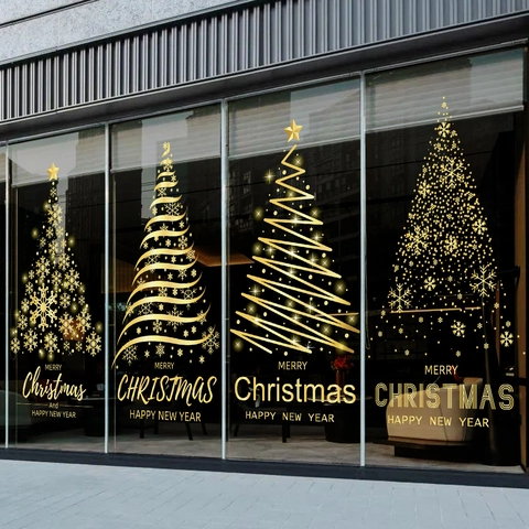 Autocollants Fenêtre Noël PVC Doré Adsorption Statique Sapin De Noël Flocon De Neige Décoration Verre Fête