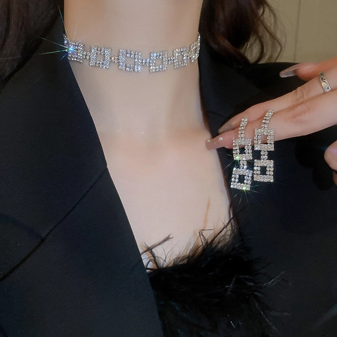 Geometric Square Link Choker Necklace Shiny Rhinestone Alloy Double Layer Clavicle Chain For Women Fashion Jewelry