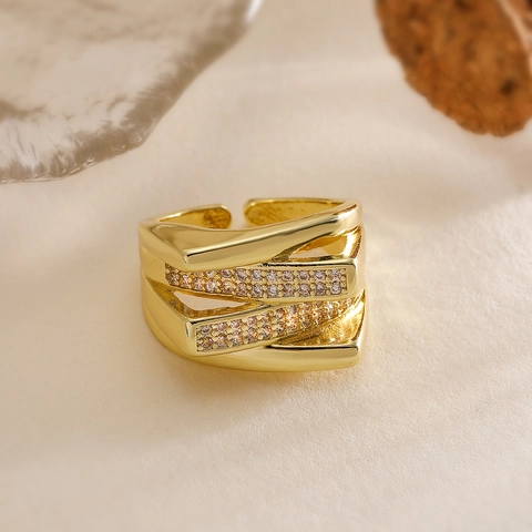 Adjustable Geometric Open Ring Copper Gold Plated Interlaced Hollow Micro Set Cubic Zirconia Elegant Fashion Jewelry Women