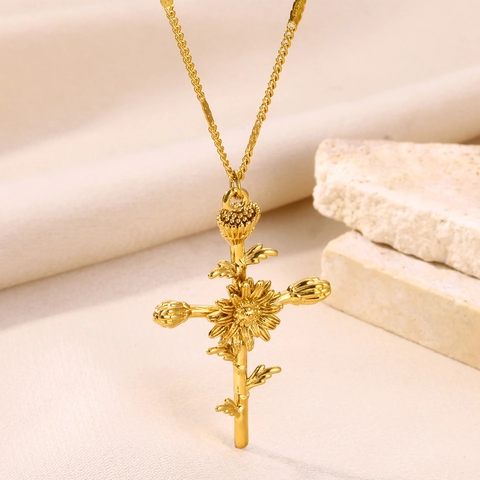 Collana Con Croce E Fiore Di Nascita In Acciaio Inossidabile Placcato Oro Pendente Floreale Gioielli Regalo Per Madre