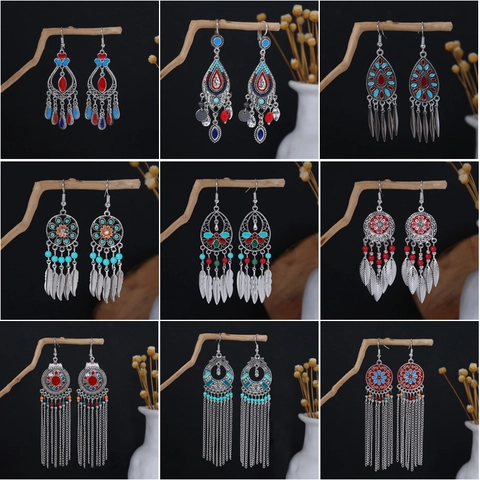Böhmische Hängeohrringe Vintage Ethno Legierung Quaste Bunte Perlen Feder Retro Schmuck Mit Kupfernen Ohrsteckern