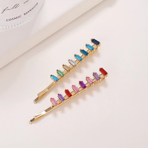 Shiny Colorful Glass Rhinestone Hair Clips Alloy Gold Plated Rectangular Crystal Bobby Pins Fashion Side Clips Women