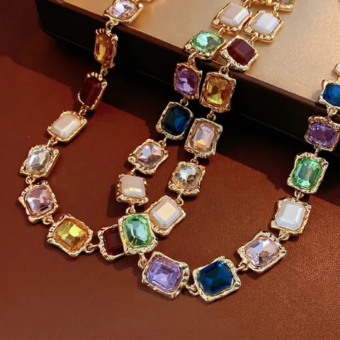 Collana Strass Quadrata Vintage Lega Pietra Preziosa Artificiale Colorata Lusso Geometrico Catena Clavicola Gioielli