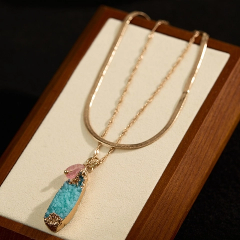 Vintage Layered Copper Alloy Pendant Necklace For Women Retro Water Drop Resin Natural Stone Double Chain Choker Jewelry