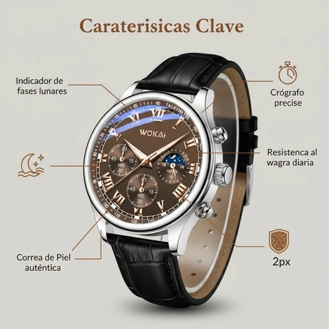 Men Business Quartz Watch Genuine Leather Strap Alloy Case Chronograph Moon Phase Roman Numerals Casual Wristwatch For Men
