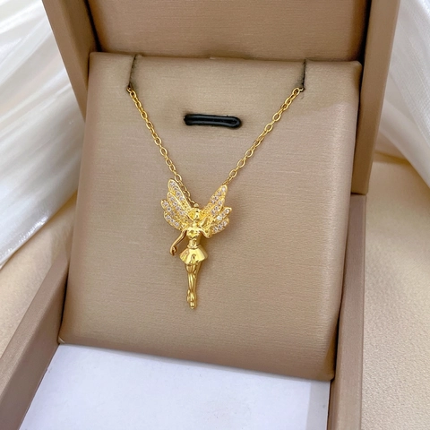 Collana Con Ciondolo Fata Alata Catena In Acciaio Inossidabile Rame Zircone Ali Gioielli Eleganti Dorati Per Donna