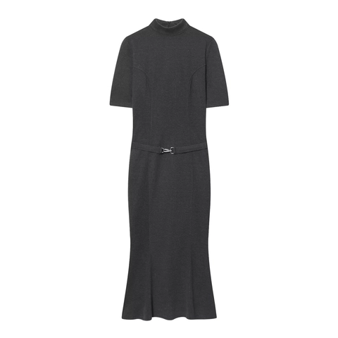Dames Elegante Staande Kraag Korte Mouw Maxi Jurk Met Riem Zeemeerminstaart Zoom Effen Kleur Gebreide Twill Herfst Casual Lange Jurk