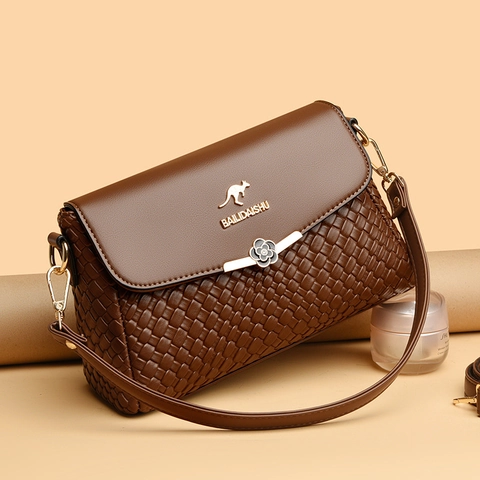 Dames Crossbody Tas Geweven Leer Kleine Vierkante Schoudertas Met Metalen Bloem Sluiting Mode Patchwork Ontwerp Elegant