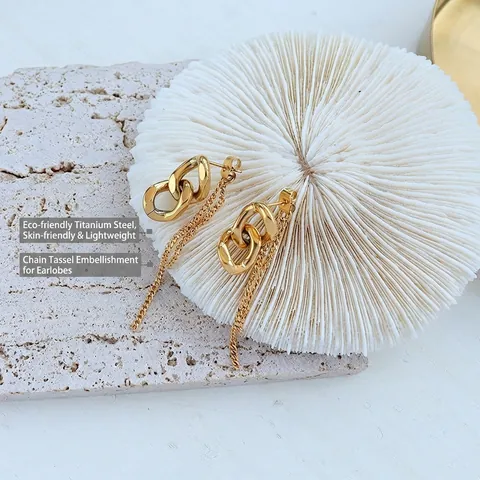 Titanium Steel Tassel Dangle Earrings 18K Gold Plated Double Interlocking Rings Chain Fringe Minimalist Drop Jewelry Women