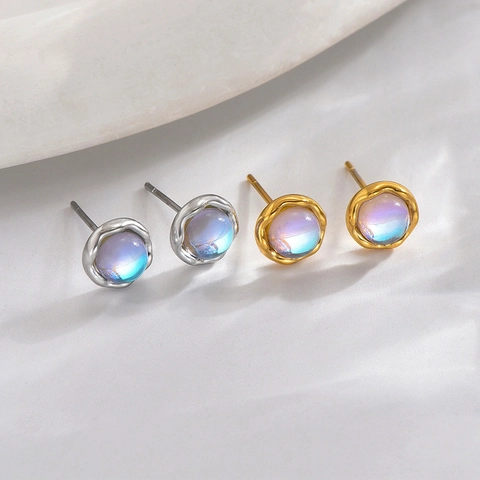 Iridescent Moonstone Stud Earrings With Stainless Steel Earring Post Wave Edge Titanium Steel Jewelry For Women