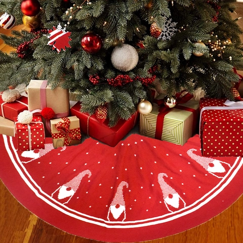 Reversible Christmas Tree Skirt Knitted Gnome Pattern Red And White Holiday Home Floor Decoration Round