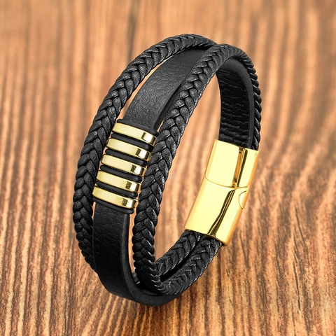 Bracciale In Pelle Multistrato Da Uomo Cordino Intrecciato Chiusura Magnetica In Acciaio Inossidabile Stile Punk Vintage