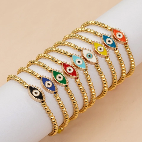 Handmade Evil Eye Beaded Bracelet For Women Gold Copper Beads Multi-color Enamel Eye Charm Adjustable Bohemian Ethnic Jewelry