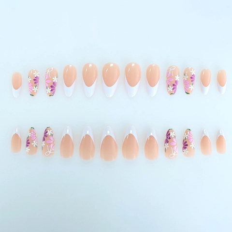 French Tip Mandel Press On Nägel Mit Gänseblümchen Und Schleife Design Süßer Stil Für Damen Glänzend