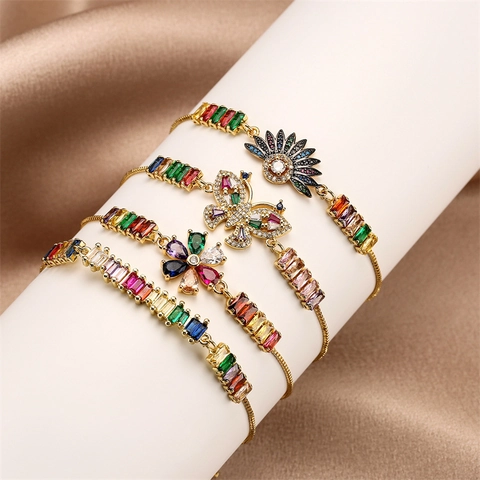 Bracciale Regolabile Farfalla Fiore Rame Placcato Oro Zirconia Colorata Catena Con Coulisse Per Donna Gioielli Moda