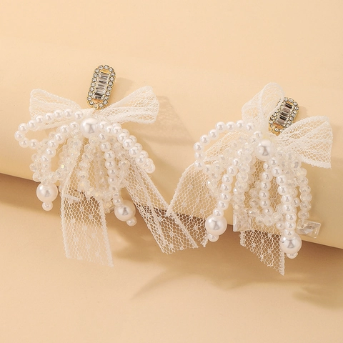 Pendientes Con Lazo De Encaje Blanco Y Borlas De Perlas Artificiales De Imitación Circonita Diamante De Imitación Y Poste De Plata 925