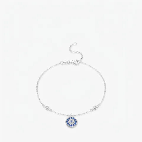 Evil Eye Round Pendant Bracelet 925 Sterling Silver With Blue White Zirconia Adjustable Chain For Women
