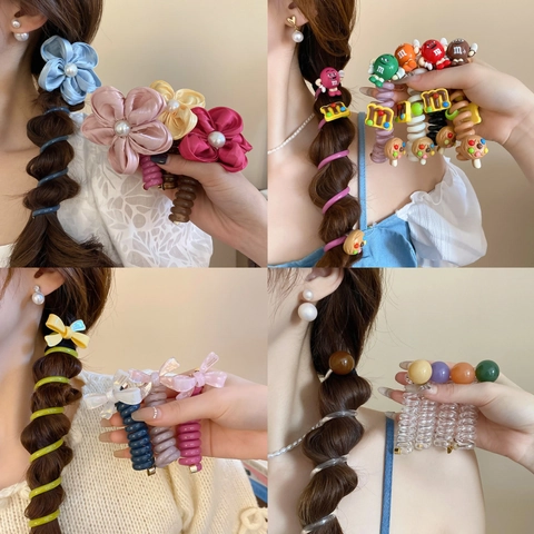 Elastici Per Capelli Spirale Telefono Fiore In Tessuto Resina Decorazione Cartone Animato Accessori Capelli Floreali Per Donne Ragazze