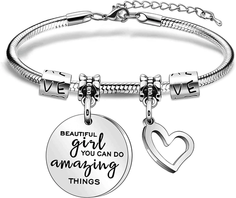 Bracciale Con Ciondoli A Catena Serpente In Acciaio Inossidabile Ispiratore Con Cuore E Disco Inciso Per Donne Ragazze