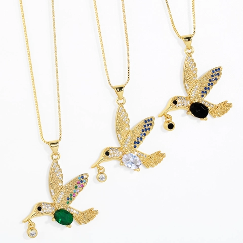 Collana Con Ciondolo A Forma Di Colibrì Rame Placcato Oro Zirconia Cubica Colorata Gemma Ovale Gioielli Moda Donna