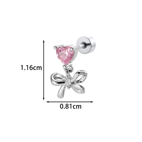 Pink Heart Zircon Bowknot Stud Earring Titanium Steel Copper Piercing Jewelry Sweet Elegant Gift For Her