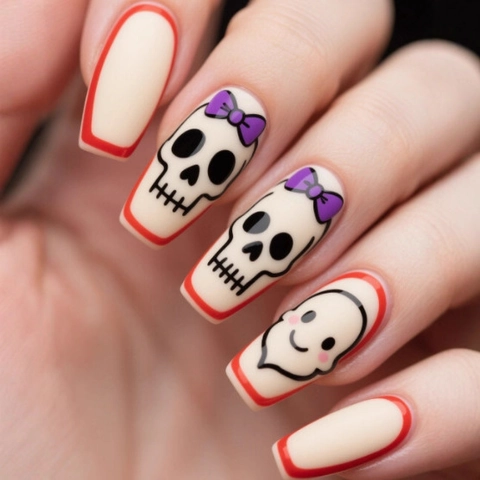 Unghie Finte Halloween Forma Lunga Ballerina Coffin Plastica ABS Cartone Animato Teschio Fantasma Motivo Fiocco Viola Dolce Cool Per Donne