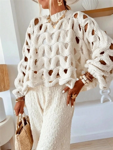 Häkelstrickpullover Mit Lochmuster Langarm Rundhals Bohemian Strand Urlaub Lockerer Strickpullover Für Damen