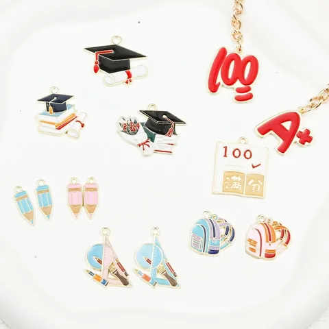 Graduation Theme Pendant Charms Alloy Enamel Doctoral Hat Pencil Schoolbag DIY Jewelry Making For Necklace Bracelet