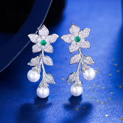 Luxury Copper Leaf Flower Drop Earrings With Zirconia And Artificial Pearl Long Tassel Dangle Earrings For Women Jewelry Gift