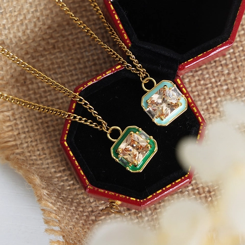 Vintage Titanium Steel Square Pendant Necklace Earrings Gold Plated Geometric Enamel Zirconia Jewelry For Women Party Gift