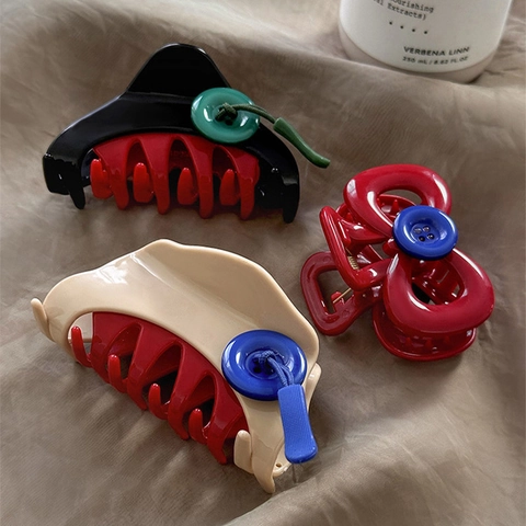 Pince À Cheveux Résine Plastique Décor De Bouton Color Block Antidérapante Shark Jaw Clip Épingle À Cheveux Mode Pour Femmes