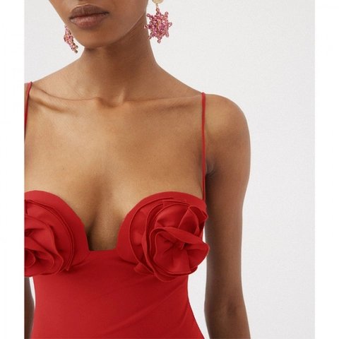 Women Bodysuit And Flare Pants Or Mini Skirt Rose Flower Ruched Cutout Polyester Spandex Elegant Party Wear Red