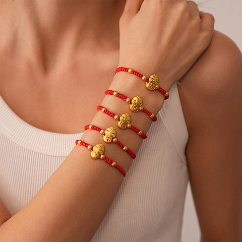 Red Braided Rope Bracelet With Gold Alloy Lucky Snake And Fu Character Pendant Adjustable Ethnic Style Jewelry For Women