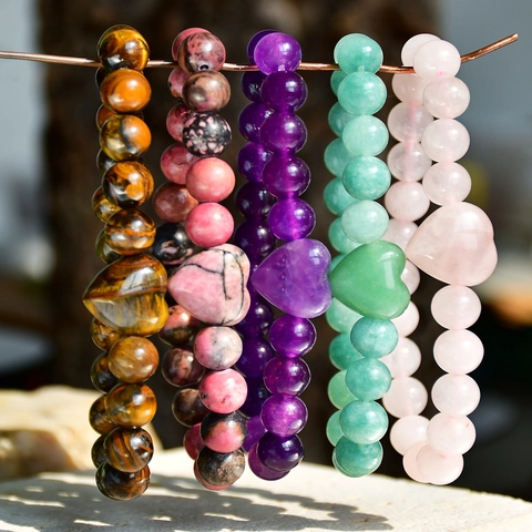 Natural Stone Beaded Bracelet Heart Shaped Pendant Amethyst Rose Quartz Aventurine Tiger Eye Rhodonite Healing Jewelry