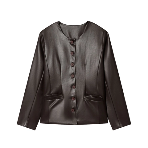 Dames Kunstleren Jas Ronde Hals Knoopsluiting Lange Mouwen Bovenkleding Zakken Franse Retro Minimalistische Stijl