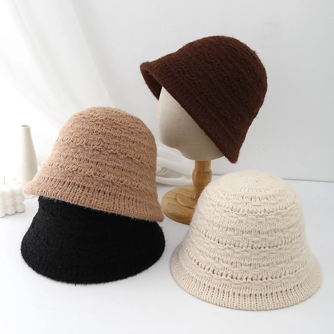 Women Winter Knit Bucket Hat Soft Acrylic Ribbed Warm Solid Color Foldable Outdoor Fisherman Cap