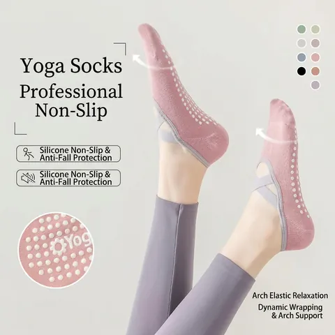 Non-Slip Yoga Socks Combed Cotton Silicone Grips Cross Elastic Straps Pilates Dance Fitness Sports Floor Socks For Women