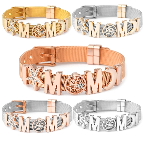 Bracciale In Maglia Di Acciaio Inossidabile Con Ciondoli MOM Stella Luna Strass Chiusura Fibbia Regolabile Regalo Donna