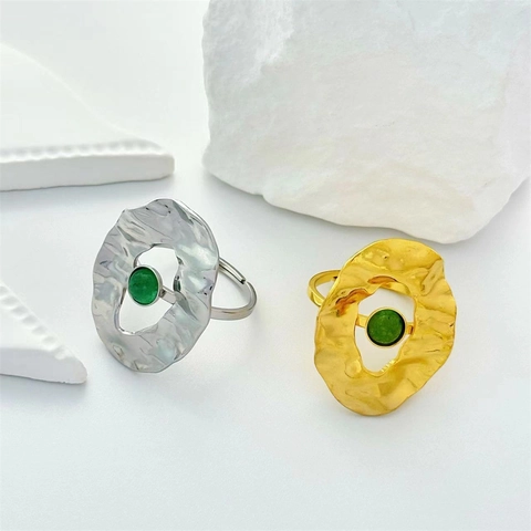 Vintage French Style Stainless Steel Hammered Green Rhinestone Adjustable Open Ring Geometric Elegant Jewelry For Women