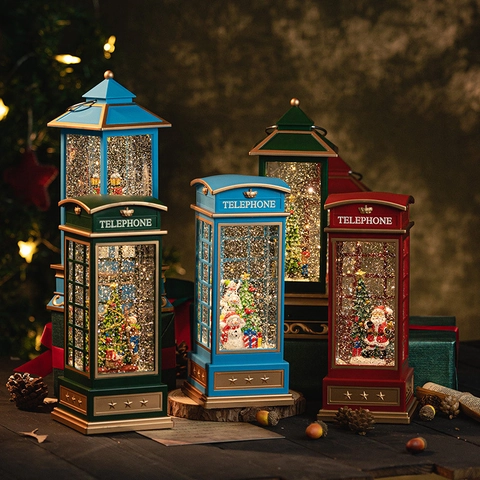 Lanterna Con Palla Di Neve Natalizia Carillon Luce LED Stile Cabina Telefonica Vintage Babbo Natale Pupazzo Di Neve