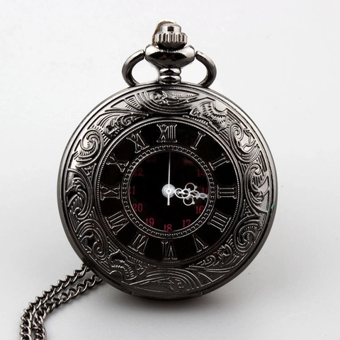 Men Retro Pocket Watch Necklace Alloy Carved Flower Roman Numeral Quartz Movement Vintage Pendant Jewelry Accessory
