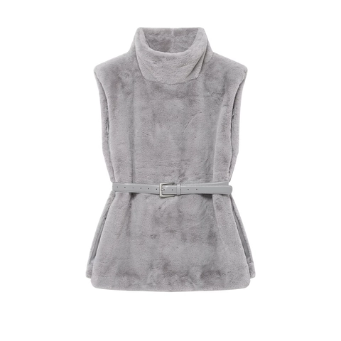 Dames Winter Kunstbont Vest Met Riem Hoge Hals Mouwloos Pluche Vest Effen Kleur Warm Casual Streetwear Bovenkleding
