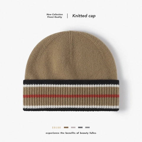 Wool Knitted Beanie Hat Striped Ribbed Cuff Warm Thickened Winter Outdoor Fashion Unisex