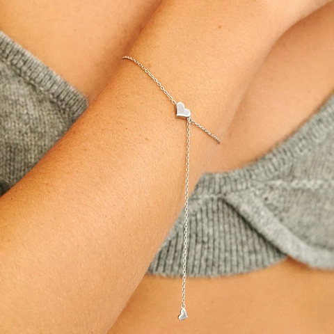 Minimalist 925 Sterling Silver Heart Pendant Bracelet For Women Adjustable Pull-Chain Design Rhinestone Inlaid Fashion Jewelry Gift