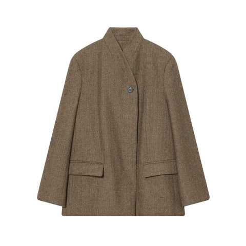 Herringbone Tweed Blazer Jacket For Women Retro Single Button Office Outwear Brown Elegant Lapel Coat
