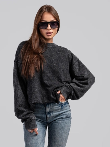 Vintage Washed Black Sweatshirt Reine Baumwolle Rundhals Drop Shoulder Oversized Retro Verdickte Streetwear Für Frauen