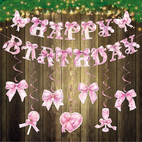 Banner Buon Compleanno E Decorazioni Spirale Tema Fiocco Rosa Carta Acquerello Per Festa Ragazze