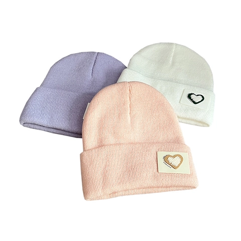 Kids Knitted Beanie Hat Acrylic Heart Patch Winter Warm Solid Color Soft Skull Cap For Boys Girls