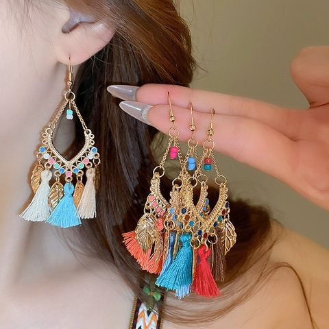 Bohemian Tassel Drop Earrings With Alloy Leaf Charms Colorful Beads And Steel Earring Post Vintage Ethnic Style Jewelry